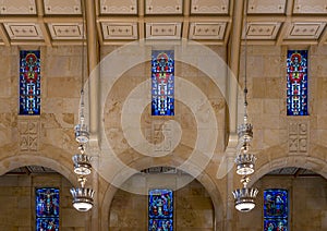 Stained glass windows and lighting inside Christ the King Catholic Church in Dallas, Texas.