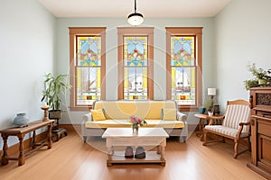 stained glass windows set in a victorian home faade
