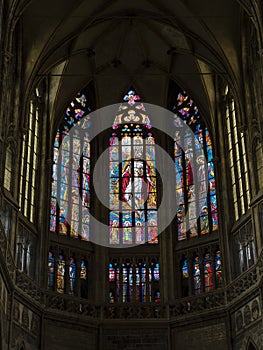 Stained glass windows of St. Vitus Cathedral in Prague