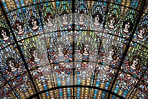 Stained-glasss skylight detail. Palau de la Musica Catalana, Concert Hall by Lluis Domenech i Montaner. Barcelona, Catalonia.