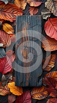 Stained Wood Block on an Autumn Leaves Background The wood grains merge with the fall colors