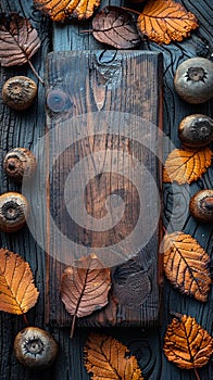 Stained Wood Block on an Autumn Leaves Background The wood grains merge with the fall colors