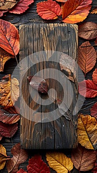 Stained Wood Block on an Autumn Leaves Background The wood grains merge with the fall colors