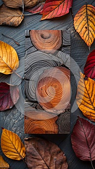 Stained Wood Block on an Autumn Leaves Background The wood grains merge with the fall colors