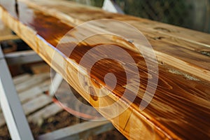 staining a cedar plank to bring out the grain on a bench