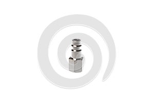 Stainlees steel male coupling with female thread, isolated on white background