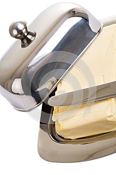 Stainless butter dish on a white background
