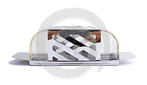 Stainless butterdish on a white background