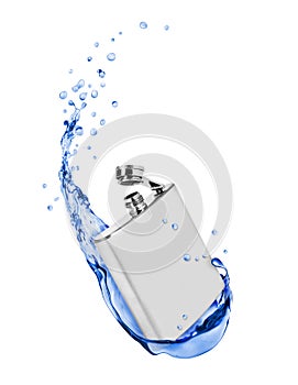 Stainless hip flask with fresh water splashes on white