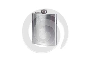 Stainless hip flask isolated on a white background. Alcohol addiction.