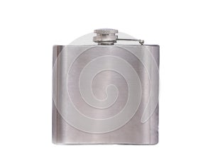 Stainless hip flask isolated on white background closeup