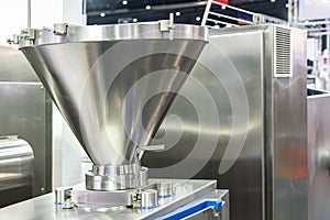 Stainless hopper or chute component of food manufacturing for input contain and hold material of filling machine in industrial