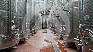 Stainless metal tanks for fermentation and storage of wine at the winery