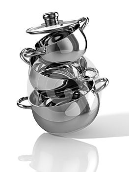 Stainless pans with glass lids. 3D Illustration.