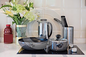 Stainless pot and pan with induction electric hob.