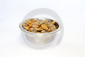 Stainless steel bowl filled with dog food