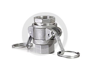 Stainless steel camlock coupling isolated on white, hose fitting.Cam lock fastener A D closeup. Tube metallic