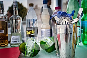 Stainless steel cocktail shaker closeup with ingredients for mojito and caipirinha cocktails