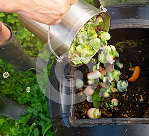 Stainless Steel Compost Bin with Various Food Scraps