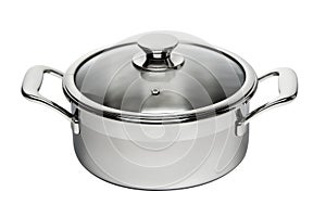 Stainless steel cooking pot with glass lid isolated