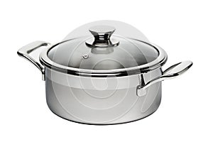 Stainless steel cooking pot with glass lid isolated