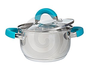 stainless steel cooking pot with glass lid isolated on the white