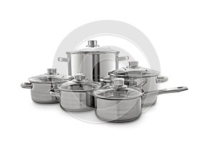 Stainless steel cooking pot, pans isolated on white background, clipping path