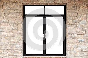 Stainless steel door frame and brown stone wall isolated on a white background