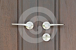 Stainless steel door lever on wooden door