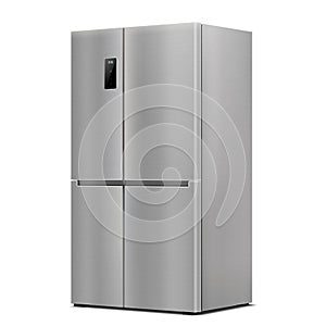 Stainless Steel Double Door Refrigerator. Side View . Realistic 3d rendering. American Style Fridge. Isolated vector illustration