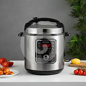 A stainless steel electric pressure cooker with a digital control panel and various