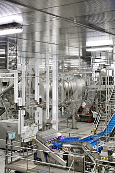 Stainless steel equipment in a food processing facility.