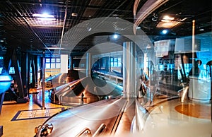 Stainless steel fermentation vats in modern beer brewery factory