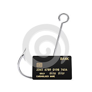 Stainless Steel Fishing Hook near Black Plastic Golden Credit Card with Chip. 3d Rendering