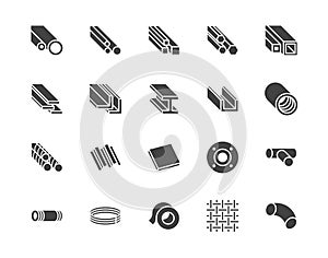 Stainless steel flat glyph icons set. Metal sheet, coil, strip, pipe, armature vector illustrations. Black signs