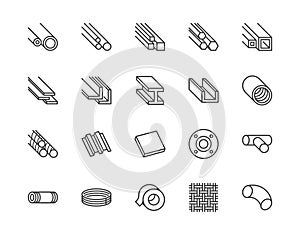 Stainless steel flat line icons set. Metal sheet, coil, strip, pipe, armature vector illustrations. Outline signs for