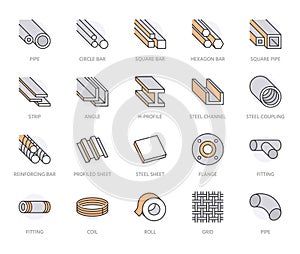 Stainless steel flat line icons set. Metal sheet, coil, strip, pipe, armature vector illustrations. Outline signs for