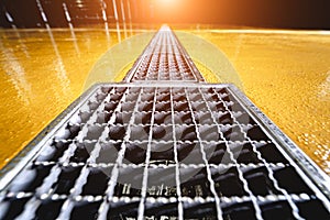 stainless steel floor drain at a modern beer factory