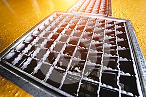 stainless steel floor drain at a modern beer factory