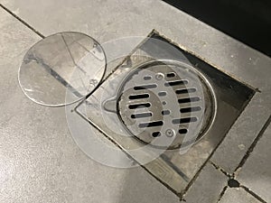 Stainless steel floor trap images and fixed on a kitchen floor tile which is new and floor tiles are of ceramic floor tiles non