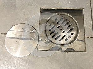 Stainless steel floor trap images and fixed on a kitchen floor tile which is new and floor tiles are of ceramic floor tiles non