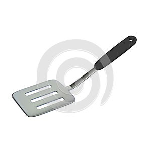 Stainless steel frying laddle with dark grey handle, 3D illustration