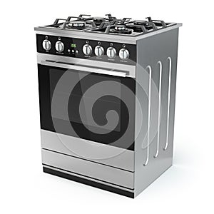 Stainless steel gas cooker with oven on white.