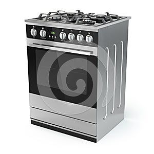 Stainless steel gas cooker with oven on white. photo