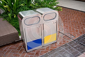 Stainless steel general and recycle waste bins in public space