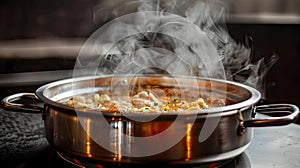 a stainless steel hotpot brimming with sizzling hot oil, highlighting the harmony of flavors and textures.