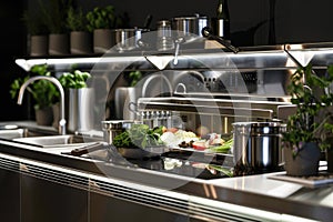 Stainless steel kitchen with fresh vegetables and cookware on a sleek countertop.
