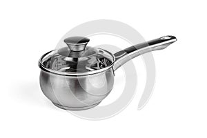 Stainless steel ladle pan isolated on white background.