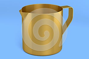 Stainless steel milk frothing pitcher cup with handle on blue background.