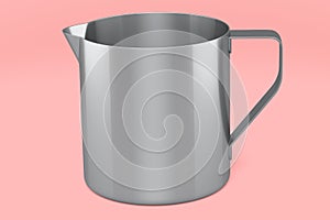 Stainless steel milk frothing pitcher cup with handle on pink background.